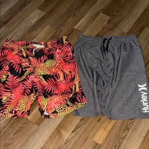 Hurley Gray Shorts and Quiksilver Tropical Print Shorts bundle boys L
